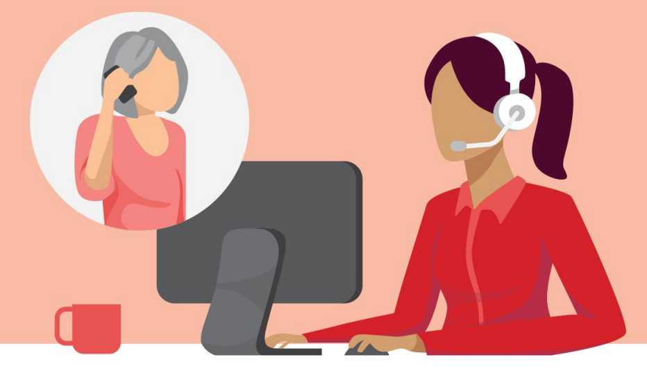 graphic showing a person calling into a helpline and a rep talking to them from their office graphic showing a person calling into a helpline and a rep talking to them from their office