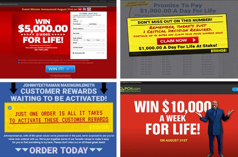 a collection of four web screengrabs from Publishers Clearing House advertising customer rewards and prizes a collection of four web screengrabs from Publishers Clearing House advertising customer rewards and prizes